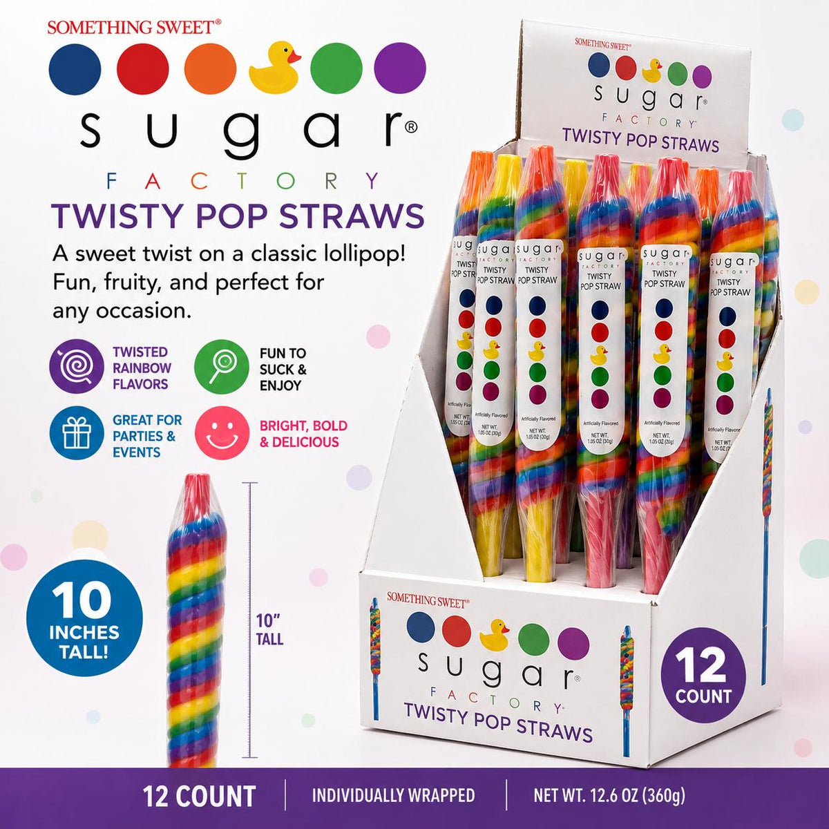 Sugar Factory Twist Lollipop Straws - 10 in Tall, 12-Count Colorful Hard Candy Snacks, Sweet Treats for Birthday Events