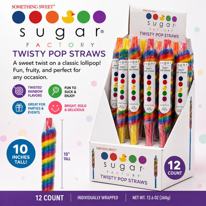 Sugar Factory Twist Lollipop Straws - 10 in Tall, 12-Count Colorful Hard Candy Snacks, Sweet Treats for Birthday Events