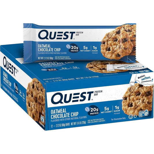 Quest Protein Bar - Oatmeal Chocolate Chip Flavor, Sweet Snack, 12-Count Bulk Candies