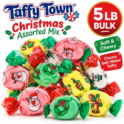 Taffy Town Christmas Assorted Salt Water Taffy, 5lb Bulk Bag Soft Chewy Sweet Holiday Candy Snack