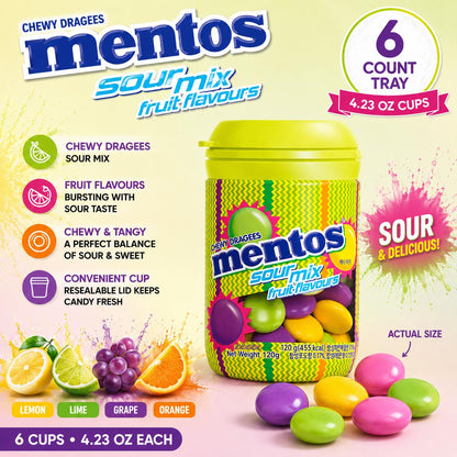 Mentos Korea Import Fruity Chewy Assorted Candies, Sour Mix Sour Candy Treat, 4.23oz Cup, 6 Cups Count