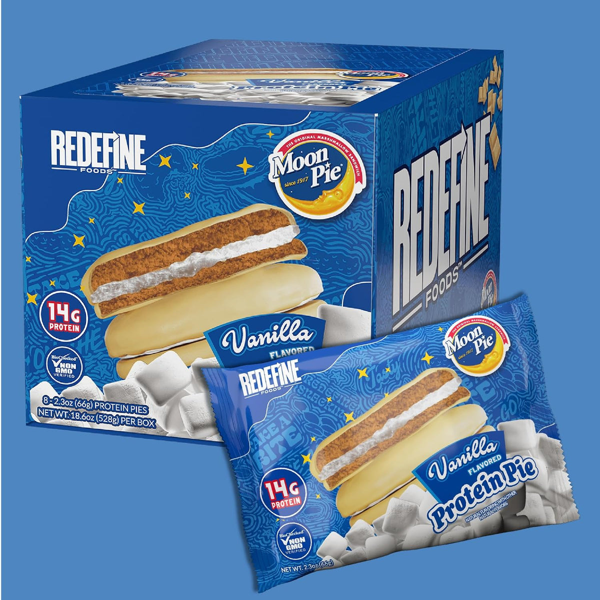 Redefine Protein-Rich Vanilla Moon Pie Chocolate Candy Snack Bars, 8-Count Box Pack High-Protein Snack
