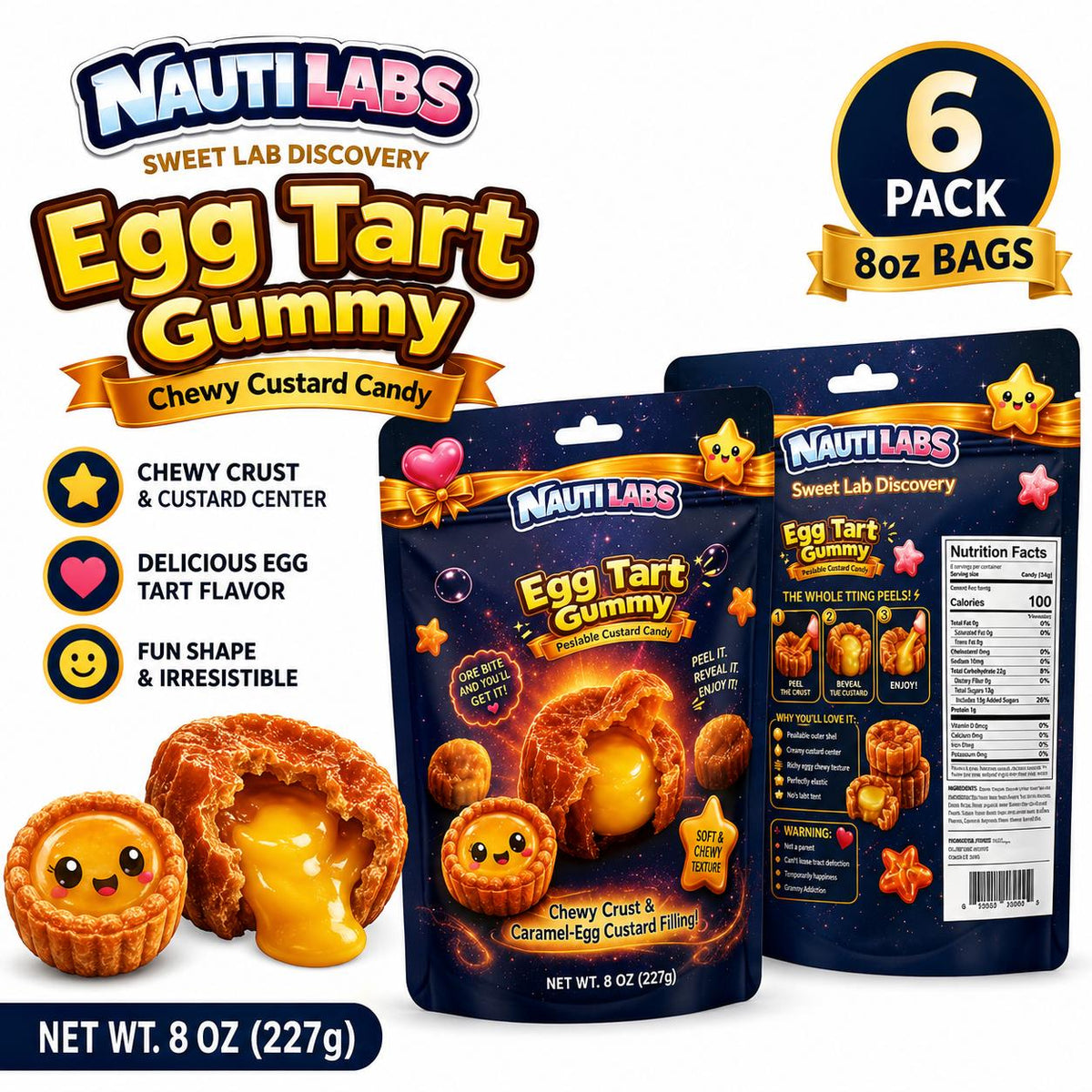 Nauti Labs Egg Tart Caramel Custard Sugar-Based Candy Pouch Pack - Soft, Sweet, 8oz, 6-Pack Dessert-Inspired Chewy Snacks for Snack Ideas