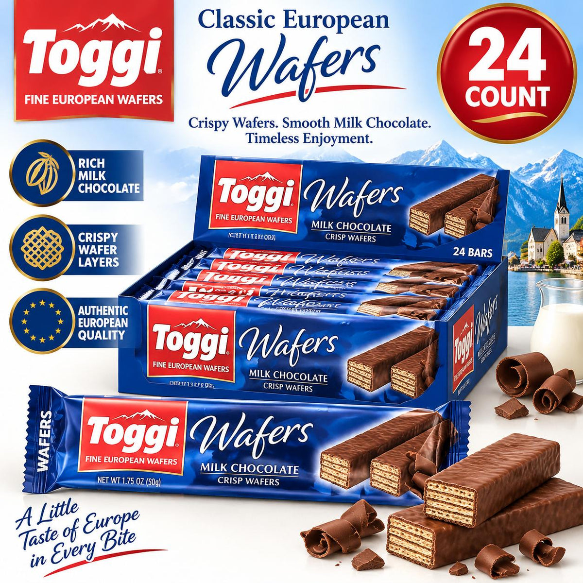 Toggi Fine European Milk Chocolate Wafer Bars, 1.75 oz, 24-Count Tray Pack Sweet Snack