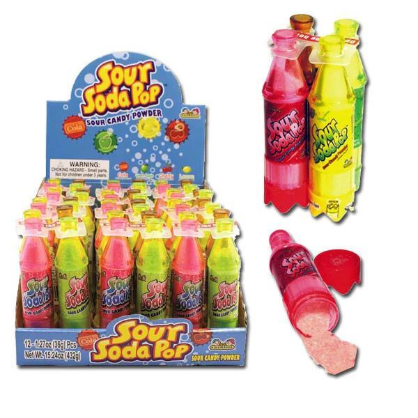 Kidsmania Sour Soda Pop Sugar-Based Candy Powder, 4-Flavor Cola Bottle Packs, 12 Pieces Novelty Sour Snack
