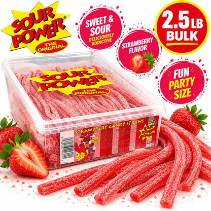 Dorval Sour Power Straw Tubes, Strawberry Flavor Bulk Soft Chewy Fruit Snack Candy, 2.5lb Large Plastic Tub Sour Candy Treat