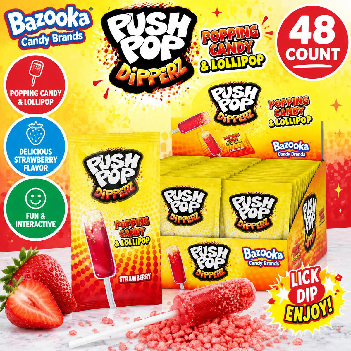 Bazooka UK Import Push Pop Dipperz Popping Candy Lollipop - Strawberry Flavor, 48 Pieces Sweet Snack Candies