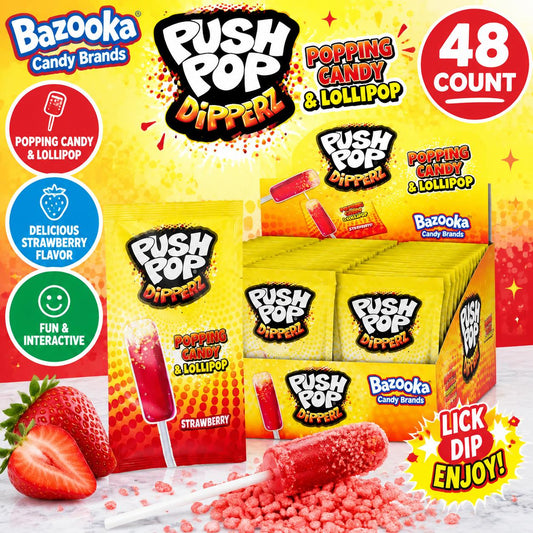 Bazooka UK Import Push Pop Dipperz Popping Candy Lollipop - Strawberry Flavor, 48 Pieces Sweet Snack Candies