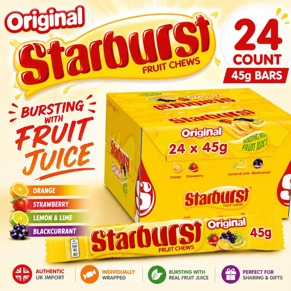 Starburst UK Import Original Fruit Chews - 45g, 24-Count Bursting Juice Playful Fruit & Chewy Candy Bars - Imported Snacks for Parties, Gifting
