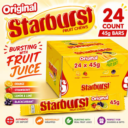 Starburst UK Import Original Fruit Chews - 45g, 24-Count Bursting Juice Playful Fruit & Chewy Candy Bars - Imported Snacks for Parties, Gifting