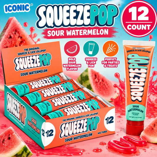 Iconic Sour Watermelon Flavor Squeeze Pop Candy Tubes, 4 oz, 12-Count Sweet & Tangy Snack Candies
