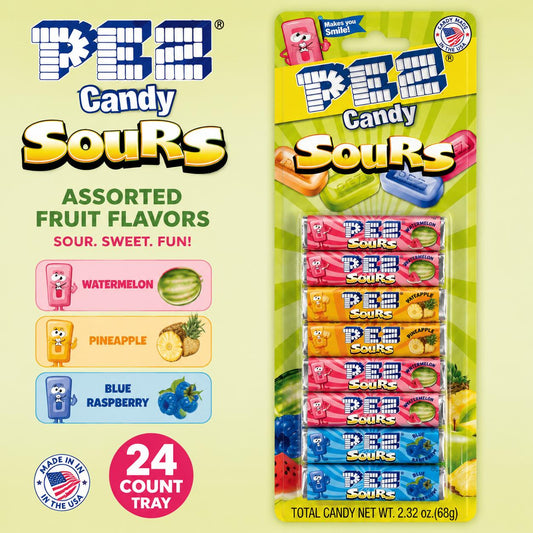 Pez Sour Candy Dispensers, Assorted Fruit Flavors, 8 Blister Packs, 24 Pieces Tray Packaging