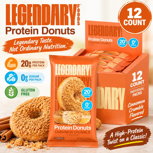 Legendary High-Protein Cinnamon Crumble Donuts - 2.2oz, 12 Packs, Boxed Sugar-Conscious Snacks for Room Temperature Storage