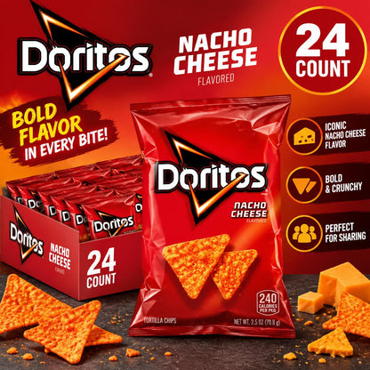 Doritos Nacho Cheese Tortilla Chips, Crispy Crunchy Flavor, 2.5 oz Extra Large Snack Bags, 24 Count