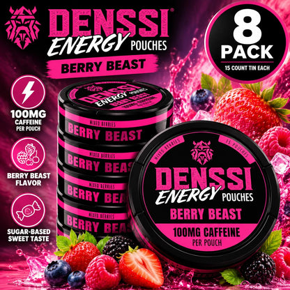 Denssi Energy Caffeine Pouches Berry Beast Flavor 15 Count Tin 8 Pack Sweet Candy Snack