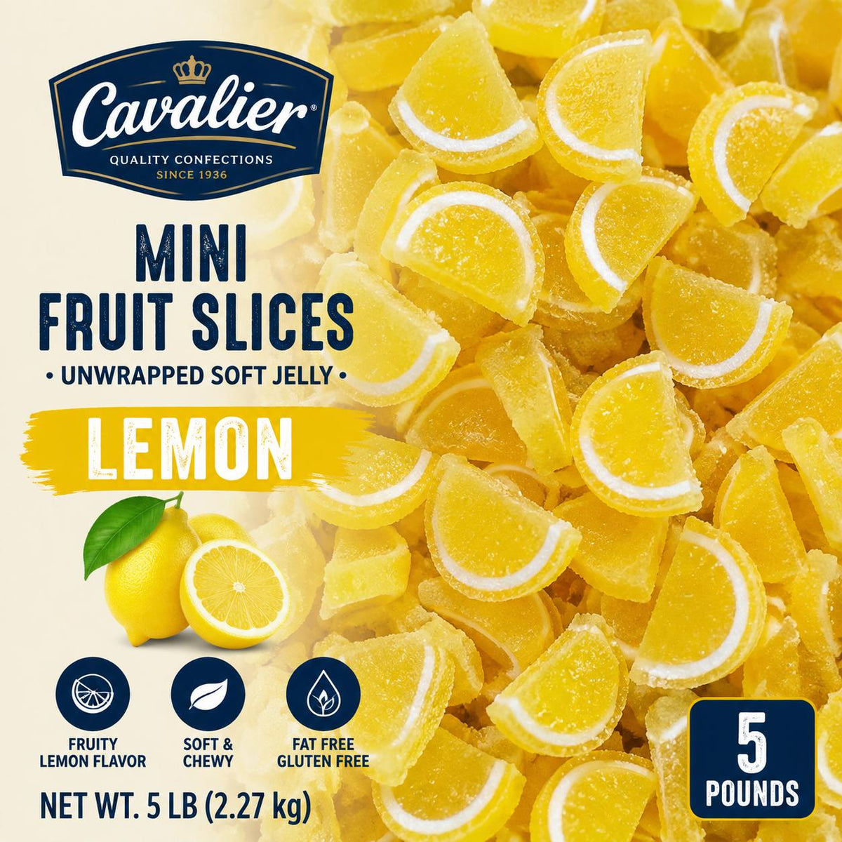 5 lbs Bulk Unwrapped Cavalier Sweet-Tangy Lemon Chewy Soft Jelly Candies, Mini Slices Fruit Snacks in Bulk Bag