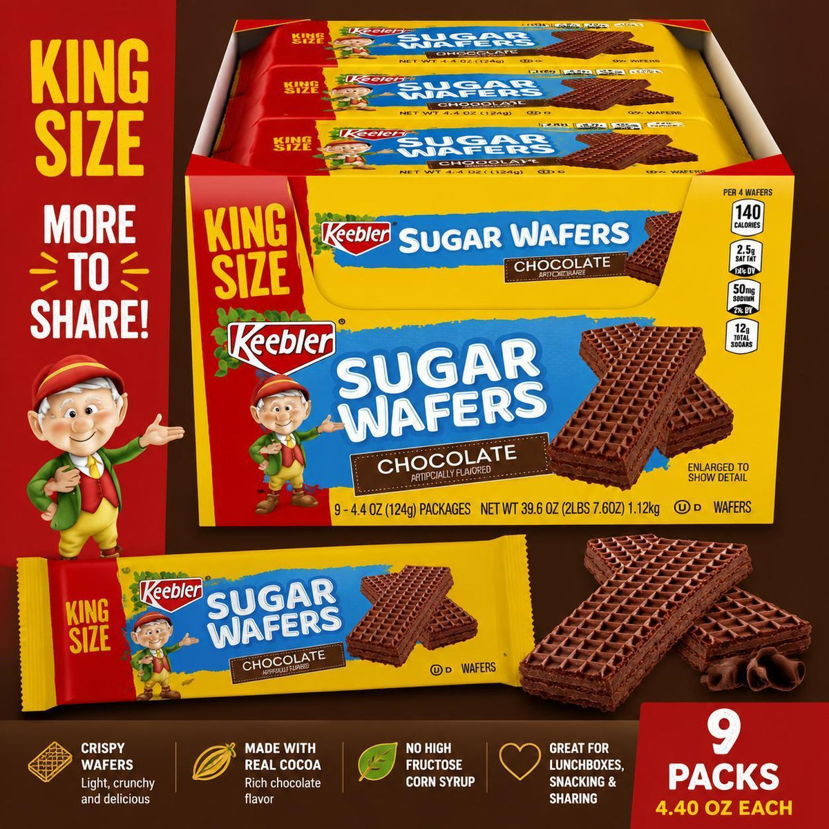 Keebler King-Size Chocolate Creme Sugar Wafer Snacks, 4.4oz, 9-Count, Chocolate Flavor, Ambient Room Temp Treats