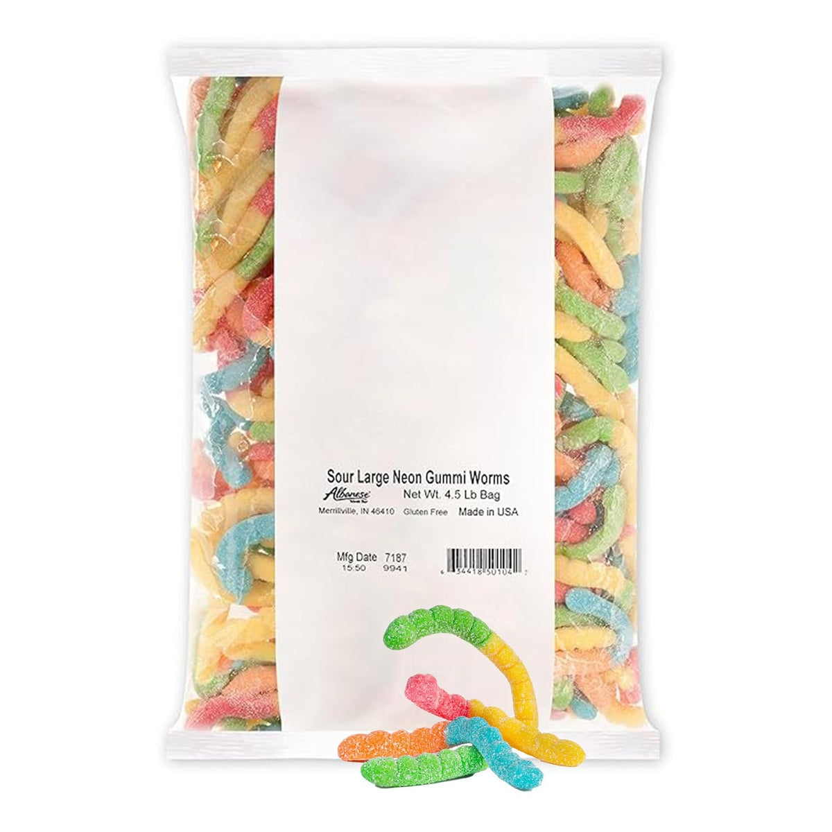 Albanese Mini Neon Sour Worms 4.5 lb Bulk Bag Assorted Fruity Sour Gummy Candy