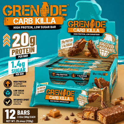 Grenade UK Chocolate Chip Salted Caramel High Protein Bars (2.12 oz, 12-Count Box Pack) - Imported British 12 Bars, Ambient Temp Healthy Snacks