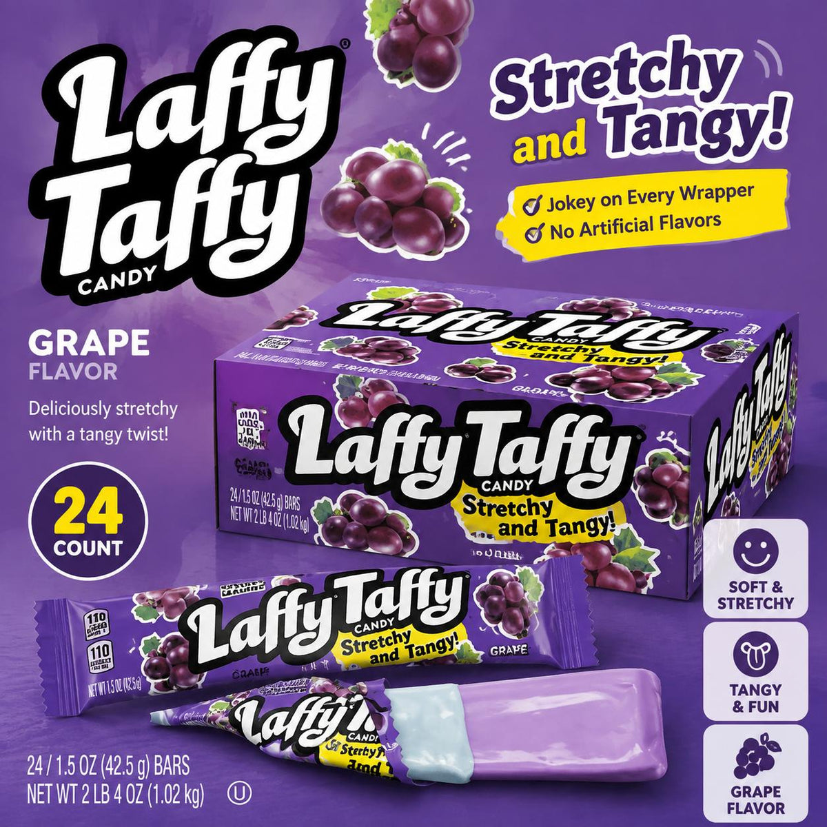 Laffy Taffy Grape Flavor Candy Bars - 1.5oz, 24 Count, Soft, Sweet, Stretchy & Tangy, Individually Wrapped Chewy Snack, Bulk Candy