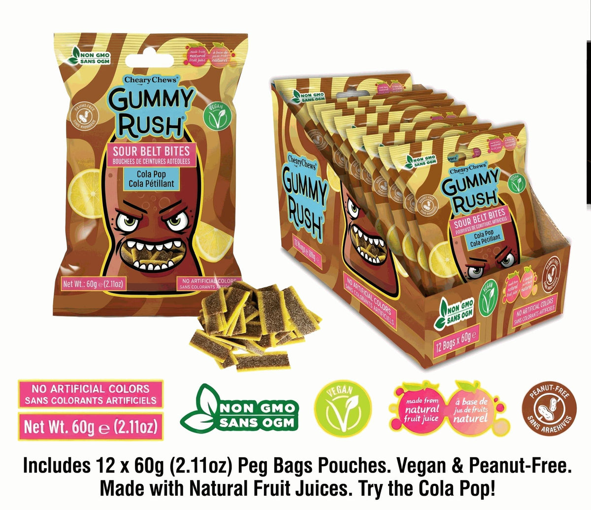 INFIN8 Gummy Rush Mini Sour Belt Bites, Cola Pop Flavor, 2.11 oz, 12 Count Chewy Soft Sweet Sour Candies