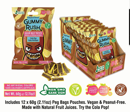 INFIN8 Gummy Rush Mini Sour Belt Bites, Cola Pop Flavor, 2.11 oz, 12 Count Chewy Soft Sweet Sour Candies