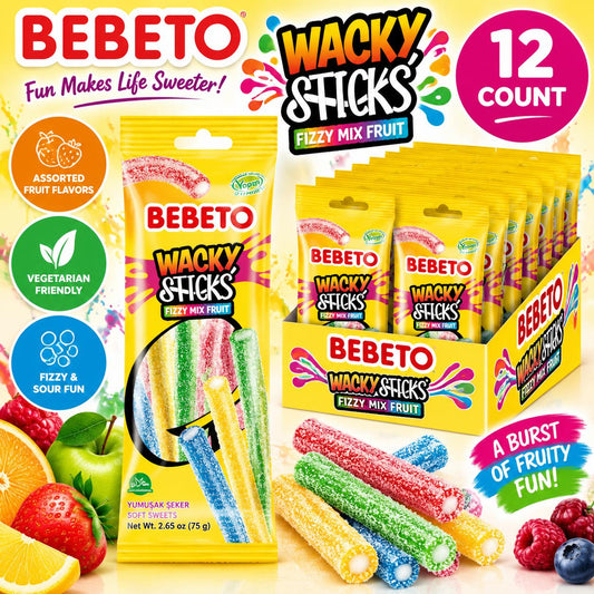 Bebeto Import Wacky Sticks Chewy Soft Sweet Tangy Fizzy Mixed Fruit Candy Sticks, 2.65 oz, 12-Count Tray