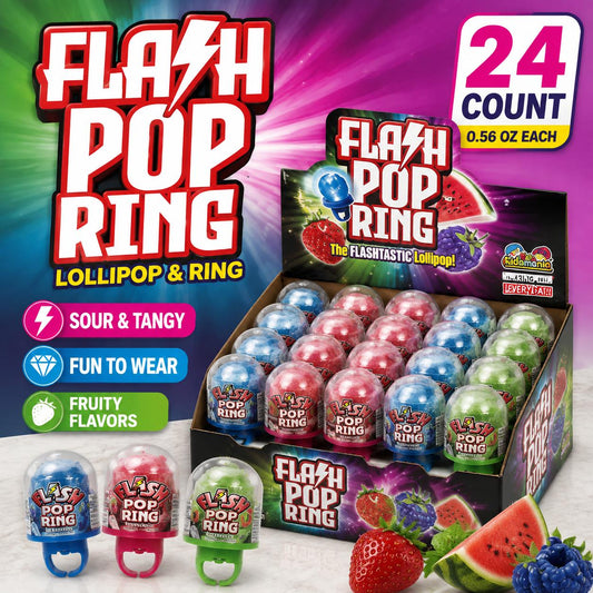 Kidsmania Flash Pop Ring Wearable Lollipop Candy, 0.56 oz, 24-Count Toy Tray - Sweet Flavor Snacks for Birthday Snack Ideas