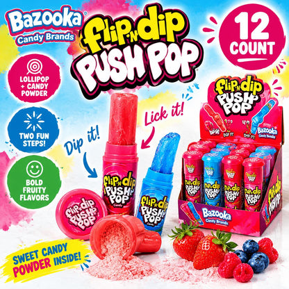Bazooka UK Import Flip N Dip Push Pop Lollipop Candy, 12 Pieces Novelty Snack, Sweet Candies