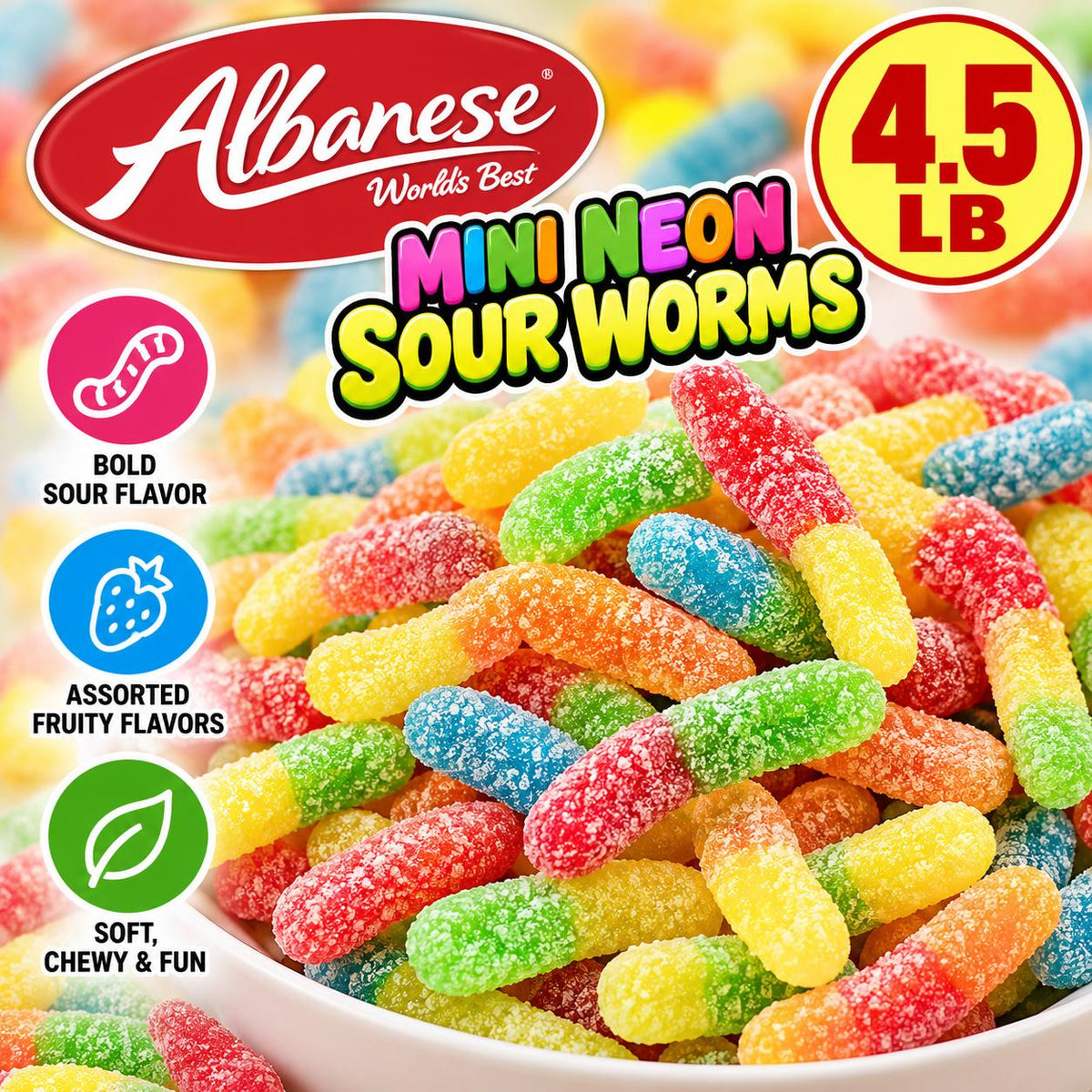 Albanese Mini Neon Sour Worms 4.5 lb Bulk Bag Assorted Fruity Sour Gummy Candy