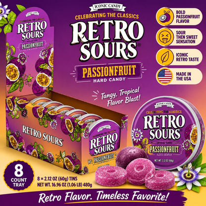 Retro Sours Passionfruit Hard Candy, 2.12oz 8-Count Tray, Tropical Fruit Snack