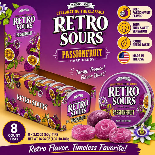 Retro Sours Passionfruit Hard Candy, 2.12oz 8-Count Tray, Tropical Fruit Snack