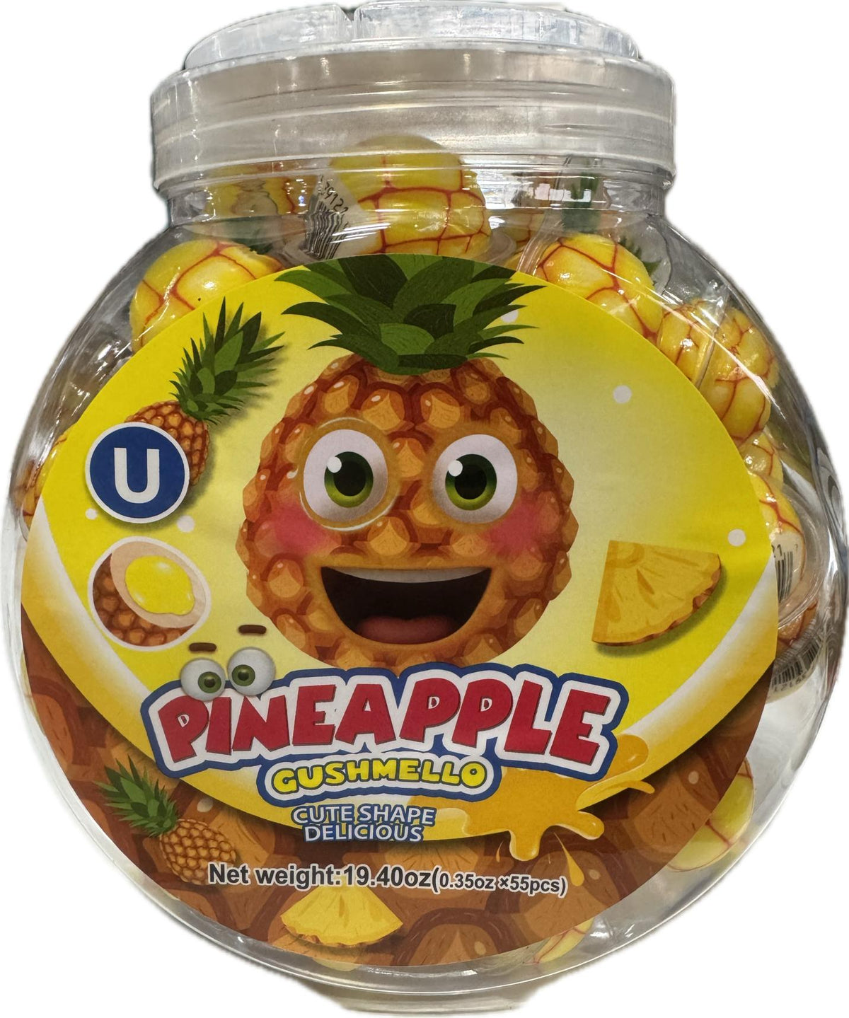 Gushmello Sugar-Filled Liquid Gummy Candy, Pineapple-Shaped, 55-Piece Container Jar