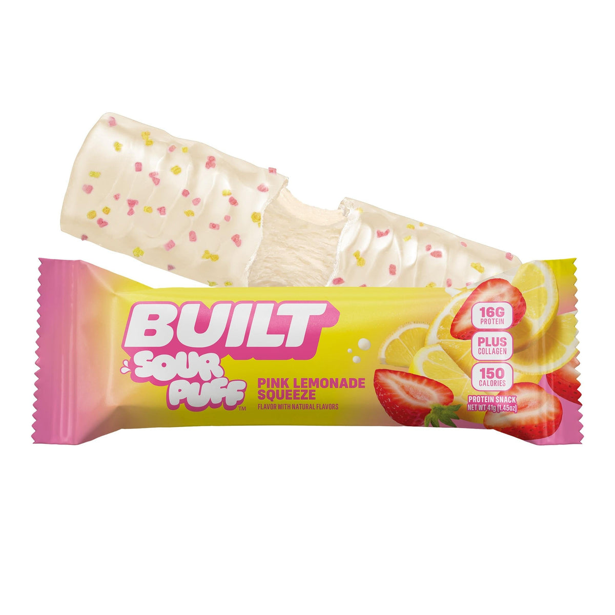 BUILT Sour Puff Protein Bar Pink Lemonade Squeeze 1.45 oz 12 Count Lemonade Protein Snack Bars