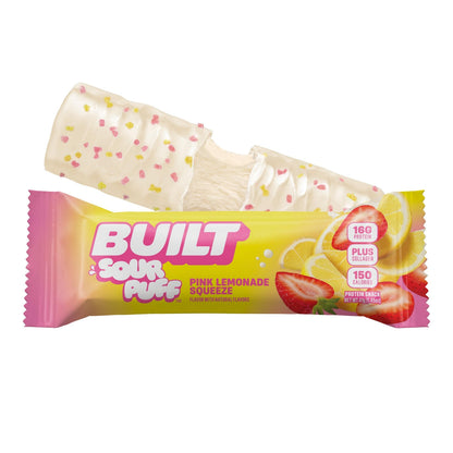 BUILT Sour Puff Protein Bar Pink Lemonade Squeeze 1.45 oz 12 Count Lemonade Protein Snack Bars