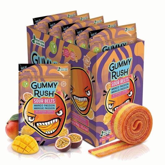 INFIN8Gummy Rush Sour Belts Candies - Mango Passion Flavor, Sugar Base, 3.4oz Peg Bag, 12 Pieces, Sweet Snacks for Adults