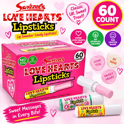 Swizzels UK Import Sugar-Based Love Hearts Lipstick Candy Sticks, 60 Pieces Bulk British Snacks