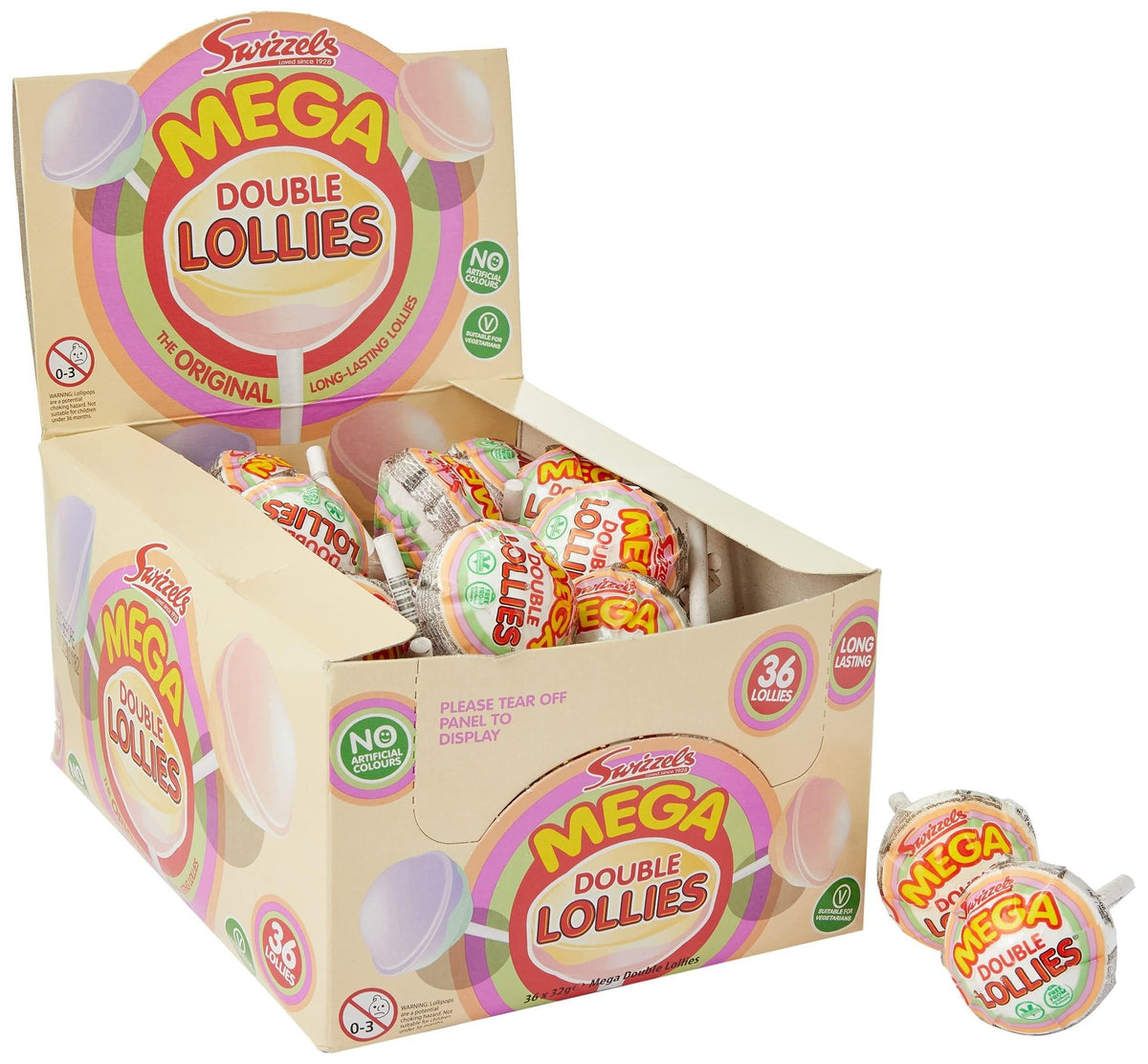 Swizzels UK Import Pure Sugar Double Lollies Lollipops, 32g, 36-Count Tray, Assorted Fruit Candy