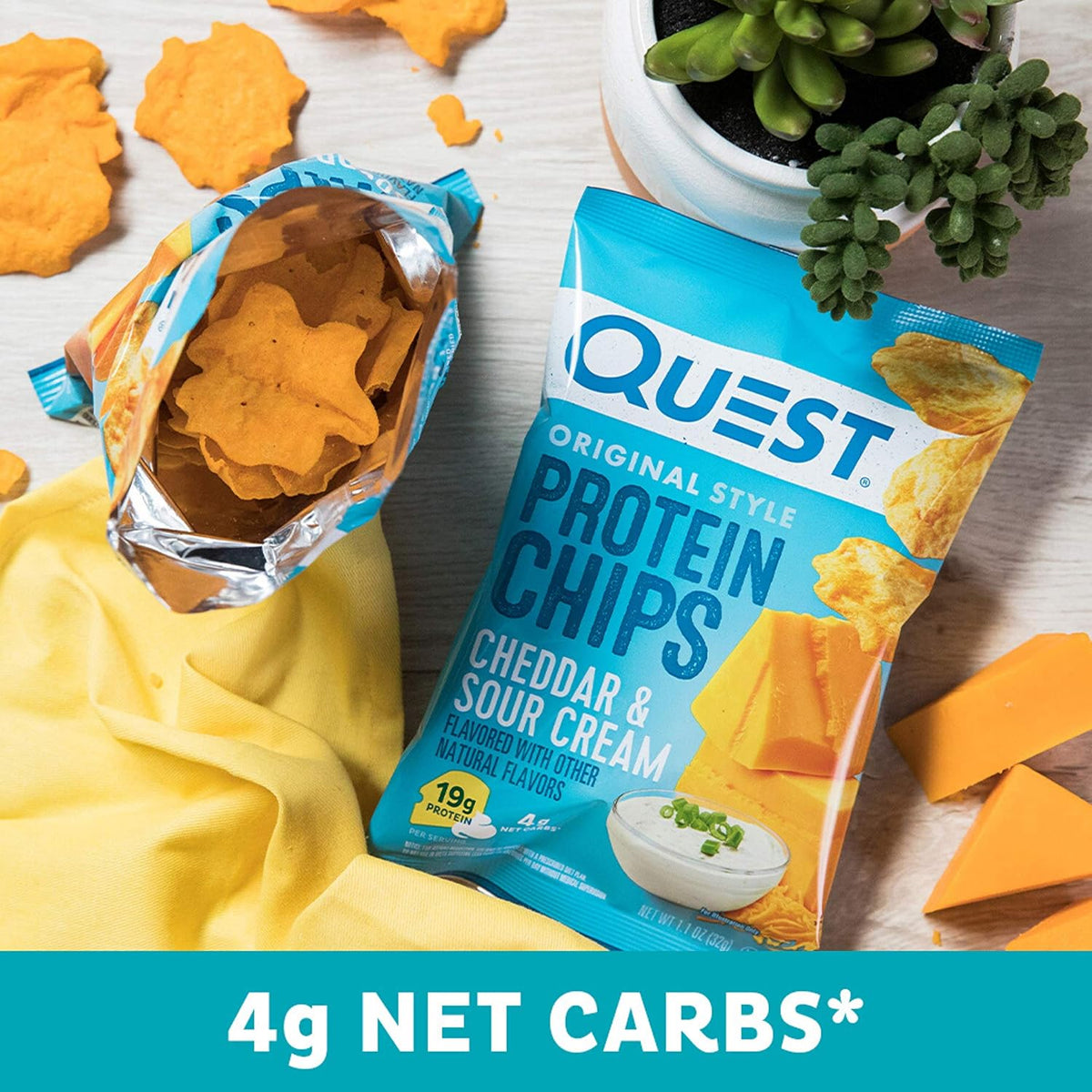 Quest Protein Chips, Cheddar & Sour Cream Flavor, 1.1 oz, 8 Count - High Protein Tortilla-Style Snack for Active Lifestyles
