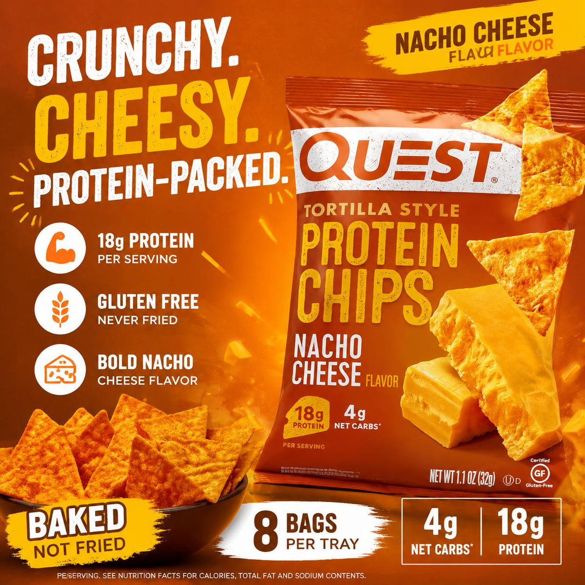 Quest Nacho Cheese High Protein Tortilla Style Chips - 1.1 oz, 8 Count, Ambient Temp, Low Carb Cheesy Snack for Active Lifestyles