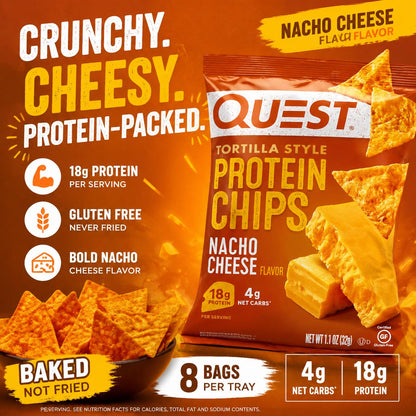 Quest Nacho Cheese High Protein Tortilla Style Chips - 1.1 oz, 8 Count, Ambient Temp, Low Carb Cheesy Snack for Active Lifestyles