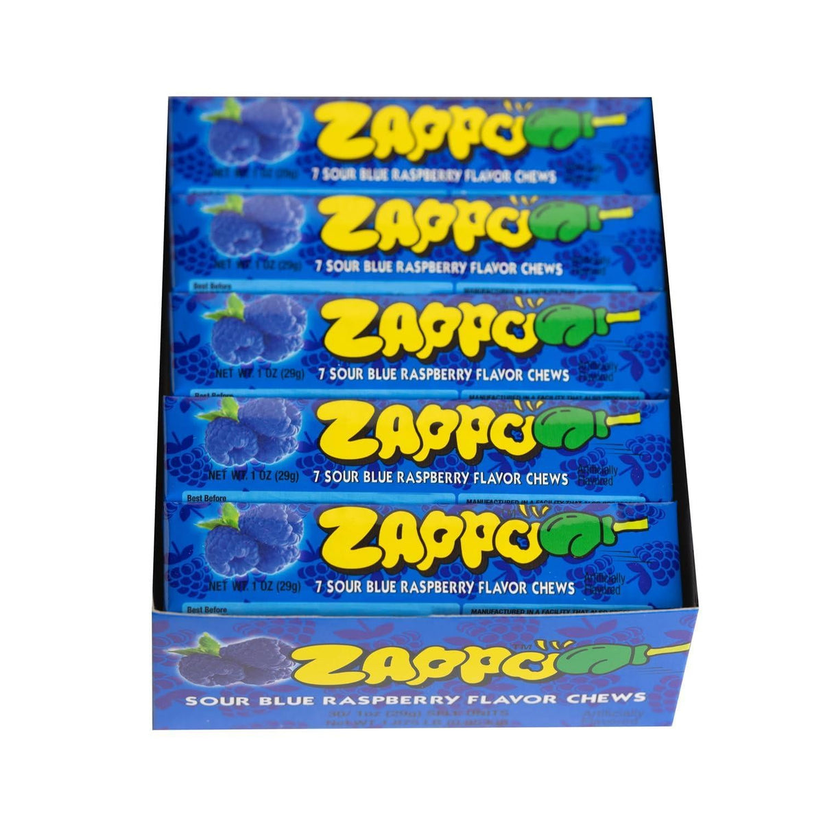 Zappo Sour Blue Raspberry Flavor Soft Sweet Fruit Chews Candies, 1 oz Individually Wrapped Snack Bars, 30 Count Tangy Party Treats