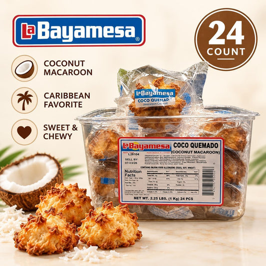 La Bayamesa Traditional Sweet Coco Quemado Coconut Macaroons, 1.8 oz, 24-Count Tub, Cuban Snack Candy