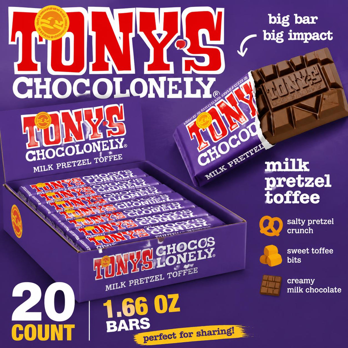 Tony's Chocolonely Milk Pretzel Toffee Chocolate Bars - 1.66oz, 20-Count Tray Packaging, Rich Milk Chocolate with Pretzel & Toffee Pieces, Premium Snack Treats