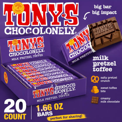 Tony's Chocolonely Milk Pretzel Toffee Chocolate Bars - 1.66oz, 20-Count Tray Packaging, Rich Milk Chocolate with Pretzel & Toffee Pieces, Premium Snack Treats