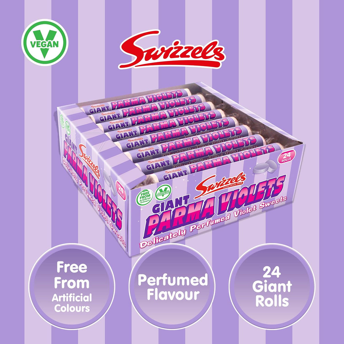Swizzels UK Import Giant Parma Violets Perfumed Sugar Candy Rolls, 40g, 24-Count British Violet-Flavored Treats