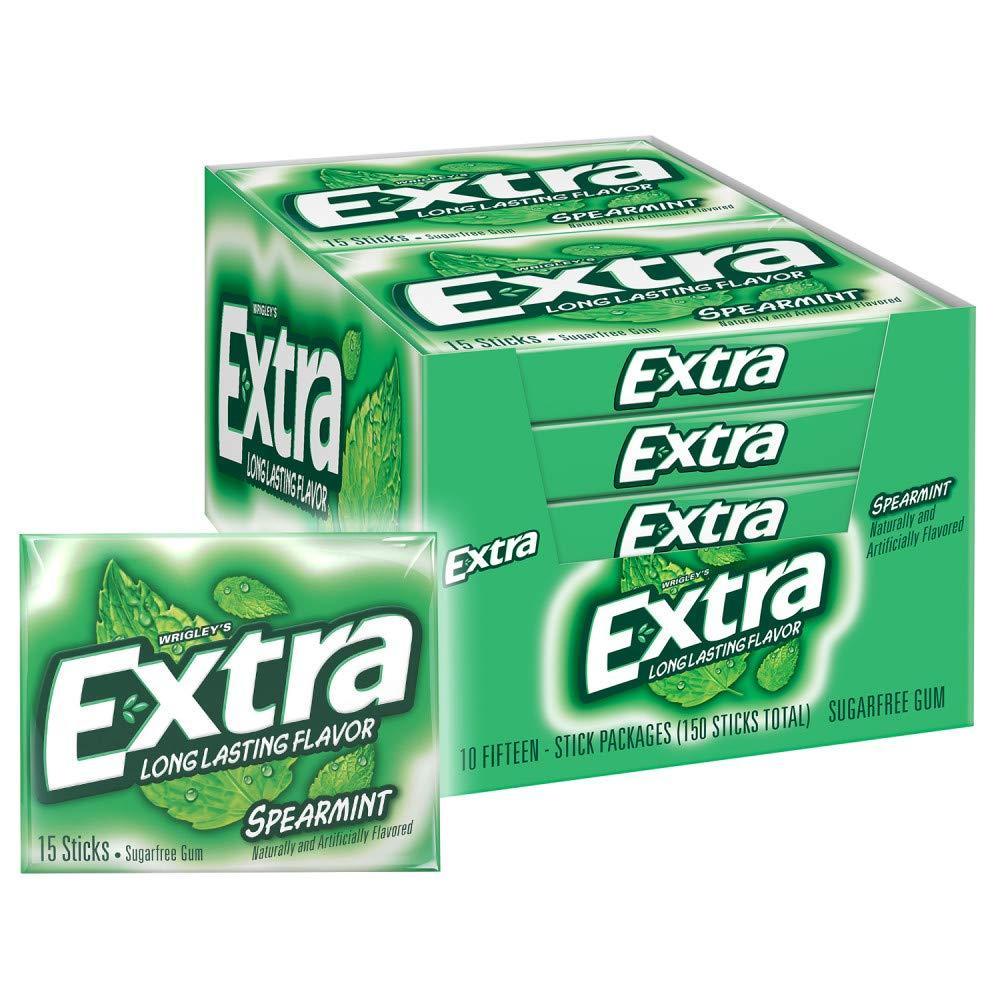 Thayer Extra Spearmint Flavor Sugarfree Chewing Gum Snack - 10-Count Tray Pack (15 Pieces Per Tray) for Party, Sweet Candies