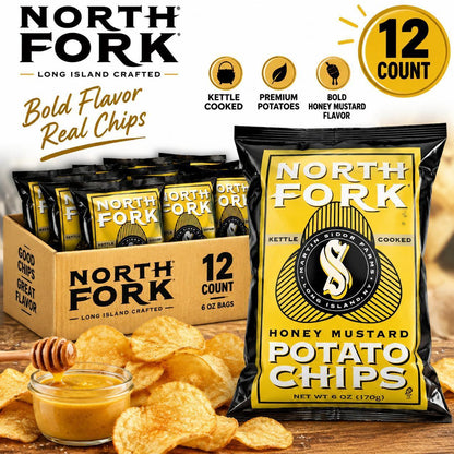 North Fork Kettle-Cooked Potato Chips, Sweet Honey Mustard Flavor, 6 oz, 12-Count Gourmet Snack Crisps