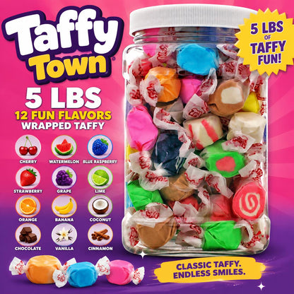 Taffy Town Salt Water Taffy 5lb Large Bulk Food Pack - 12 Assorted Flavors, Individually Wrapped Bulk Candy, Soft & Chewy Party Treats
