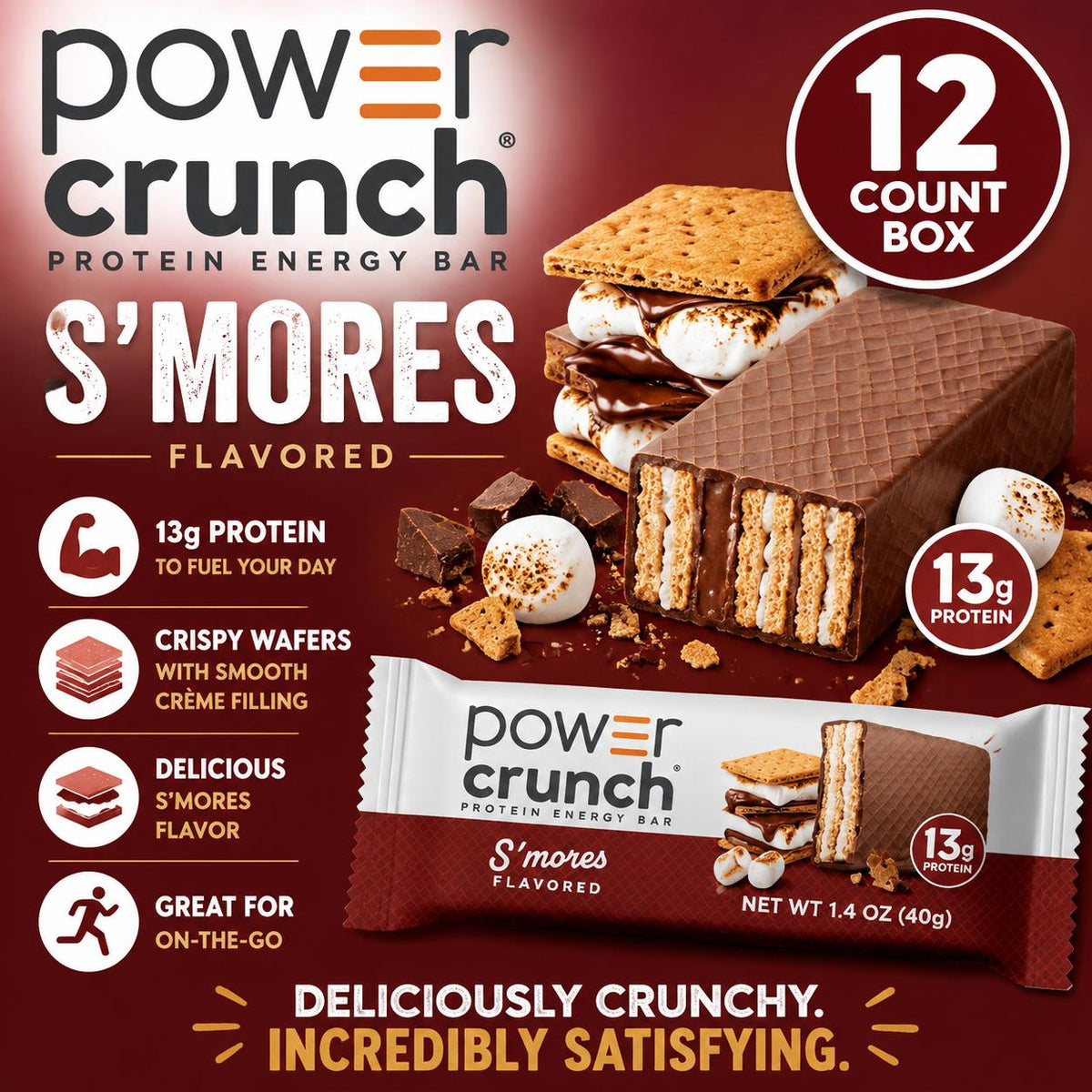 Power Crunch Protein Wafer Bars, Classic S’mores Flavor, 1.4oz, 12-Bar Box Pack, Crispy Chocolate-Infused Snack Wafers